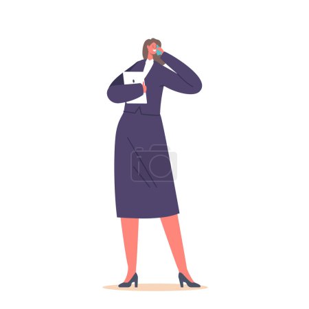 Illustration for Business Woman in Formal Clothes. Female Character in White Shirt, Formal Blouse and Skirt Holding Tablet and Speaking by Mobile Phone Isolated on White Background. Cartoon People Vector Illustration - Royalty Free Image