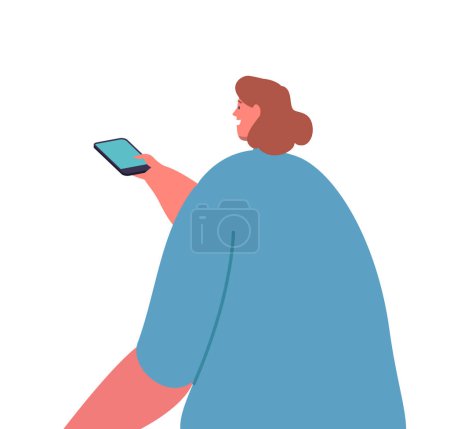 Illustration for Journalist or Reporter Female Character with Smartphone Rear View. Woman Interviewing, Live News, Visit Press Conference or Briefing Isolated on White Background. Cartoon People Vector Illustration - Royalty Free Image