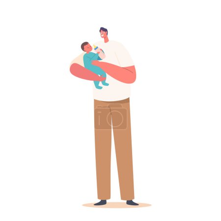 Illustration for Dad Feed Newborn Baby with Bottle. Male Character on Maternity Leave, Single Father Raising Child. Little Baby with Daddy, Happy Family Spend Time Together. Cartoon People Vector Illustration - Royalty Free Image