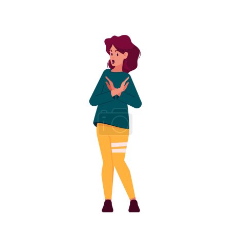 Illustration for Female Character in Casual Clothes Showing Refusal or Stop Gesture with Crossed Hand Palms front of Chest Expressing Negative Emotions, Communication, Disagree Feelings. Cartoon Vector Illustration - Royalty Free Image