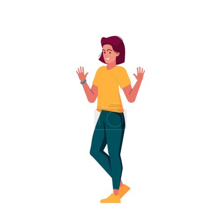 Illustration for Refuse Negative Emotion, Expression, Body Language Concept. Angry Female Character in Fashioned Clothes Showing Refusal or Stop Gesture with Raised Hands front of Breast. Cartoon Vector Illustration - Royalty Free Image