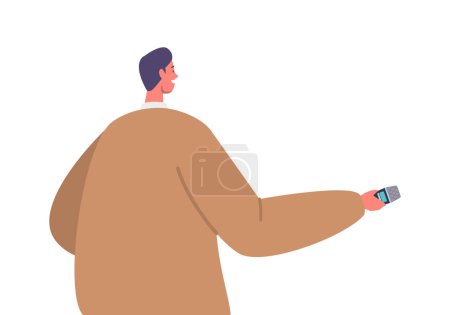 Illustration for Male Character with Microphone Rear View Isolated on White Background. Journalist Interviewing, Visiting Press Conference or Briefing for Live News Reportage. Cartoon People Vector Illustration - Royalty Free Image