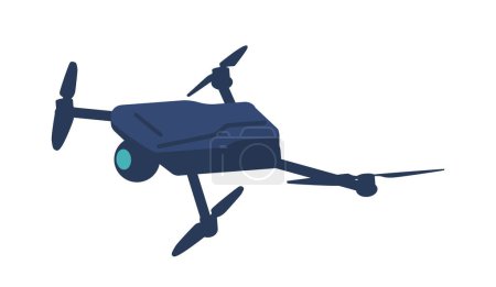 Ilustración de Drone or Quadcopter Innovation Aircraft Gadget (en inglés). Robot volador con cámara y hélices aisladas sobre fondo blanco. Dispositivo de vigilancia digital controlado por radio. Ilustración de vectores de dibujos animados - Imagen libre de derechos