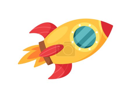 Illustration for Cartoon Rocket, Starship, Missile Booster, Space Engine for Interstellar Travel Isolated on White Background. Spacecraft with Fire in Cute Childish Style, Graphic Element. Vector Illustration - Royalty Free Image