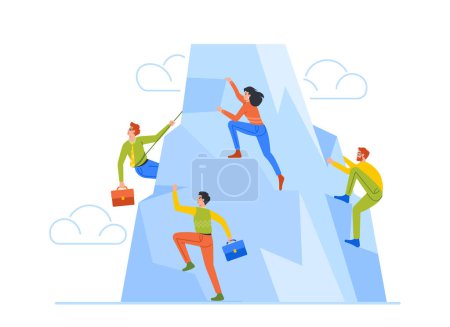 Illustration for Business Characters Team Climbing at Mountain Peak. Business People Competition for Leadership, Contest, Challenge, Investment Growth, Way to Success Concept. Cartoon Vector Illustration - Royalty Free Image