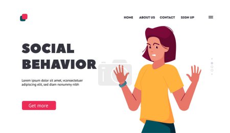 Illustration for Social Behavior Landing Page Template. Refuse Negative Emotion, Expression, Body Language Concept. Angry Female Character Show Refusal or Stop Gesture. Cartoon Vector Illustration - Royalty Free Image