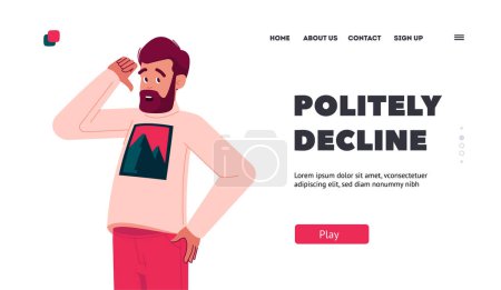 Illustration for Politely Decline Landing Page Template. Bearded Adult Male Character Showing Refusal or Deny Gesture with Thumb Down. Negative Emotions, Communication, Body Language. Cartoon Vector Illustration - Royalty Free Image