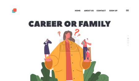 Illustration for Family or Career Landing Page Template. Female Character Making Choice Holding on Hands Herself as Businesswoman and Family of her with Husband and Children. Cartoon People Vector Illustration - Royalty Free Image