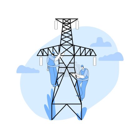 Illustration for Electrician Workers Characters With Tools and Equipment Work on Electric Transmission Tower. Energy Station Powerline, Telephone Or Electricity Line Maintenance. Cartoon People Vector Illustration - Royalty Free Image