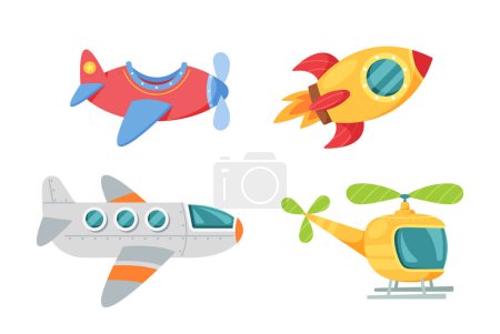 Illustration for Set of Cartoon Airline Transportation In Childish Style. Rocket, Airplane or Helicopter Air Transport, Children Toys Graphic Design Elements Isolated on White Background. Vector Illustration, Icons - Royalty Free Image