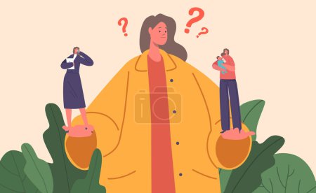 Photo for Confused Woman Making Choice Between Family , Maternity And Career. Female Character Holding On Hands Herself As Businesswoman And as Mother with Newborn Baby. Cartoon People Vector Illustration - Royalty Free Image