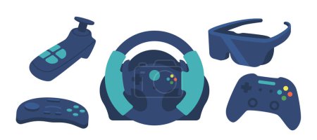 Illustration for Set Of Accessories For Virtual Reality and Cyberspace Entertainment and Gaming. Vr Glasses, Steering Wheel, Gamepad, Joysticks for 360 Degrees Immersion into Cyber Games. Cartoon Vector Illustration - Royalty Free Image