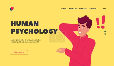 Illustration for Human Psychology Landing Page Template. Thoughtful Puzzled Man Stand with Exclamation Marks above Head. Male Character Thinking, Searching Solution, Decision. Cartoon Vector Illustration - Royalty Free Image