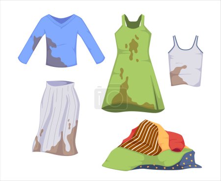 Illustration for Set Dirty Clothes with Blobs and Stains of Food and Drink Isolated on White Background. Messy Garment Shirt, Dress, Skirt, Singlet and Pile of Linen with Spots in Laundry. Cartoon Vector Illustration - Royalty Free Image