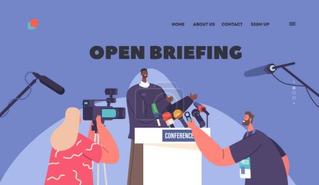 Illustration for Open Briefing Landing Page Template. Journalist Interviewing Black Politician during Press Conference. African Man Speak On Tribune, Reporters Holding Microphones. Cartoon People Vector Illustration - Royalty Free Image