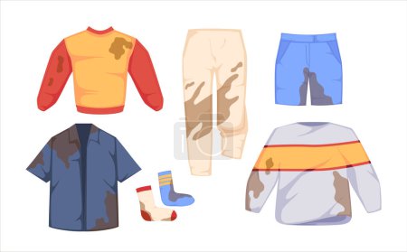 Illustration for Set of Dirty Clothes, Jumper, Trousers, Shorts, Shirt and Socks with Spots, Blobs and Stains Isolated on White Background. Messy Laundry Garment, Household Chores, Hygiene. Cartoon Vector Illustration - Royalty Free Image