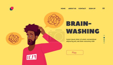 Illustration for Brain Washing Landing Page Template. Puzzled Male Character with Tangled Thoughts in Mind Thinking, Scratching Head. Man Solving Problem, Doubts and Confusion Concept. Cartoon Vector Illustration - Royalty Free Image