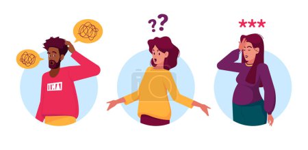 Illustration for Puzzled People Thinking Isolated Round Icons or Avatars. Confused Pensive Male Female Characters with Question Marks Forgot Password, Mental Research, Memory Loss. Concept. Cartoon Vector Illustration - Royalty Free Image