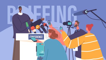 Illustration for Political Mass Media Announcement, Live News Tv Broadcasting with Cameraman and Reporters Journalists Listening Black Man Stand on Tribune with Microphones. Cartoon People Vector Illustration - Royalty Free Image