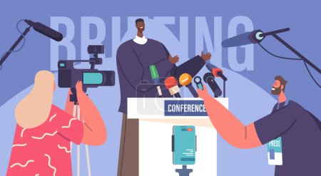 Illustration for Journalist Interviewing Politician during Briefing or Press Conference. African Man Speak with Reporter Male Character Holding Microphone Presenting Breaking News. Cartoon People Vector Illustration - Royalty Free Image