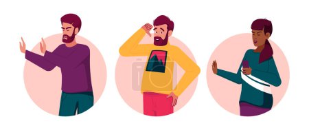 Illustration for People Refuse Isolated Round Icons or Avatars. Male and Female Characters Show Refusal or Stop Gestures, Expressing Negative Emotions, Disagree Feelings, Denial or Ignore. Cartoon Vector Illustration - Royalty Free Image