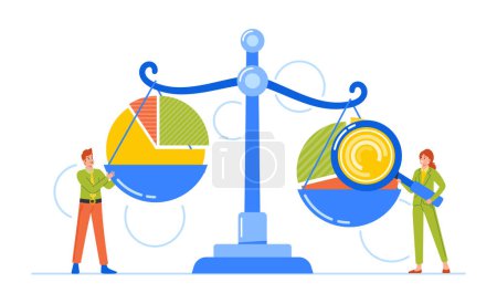 Illustration for Investment, Benchmarking and Trade Market Analytics. Tiny Business Characters with Huge Magnifier Analyzing Circular Charts on Libra Comparing Company Development. Cartoon People Vector Illustration - Royalty Free Image