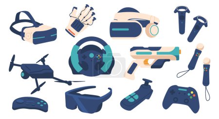 Illustration for Set of Accessories for Virtual Reality Entertainment. Vr Glasses, Glove, Steering Wheel and Drone or Quadcopter. Gamepad, Space Gun, Joysticks and 360 Helmet or Headset. Cartoon Vector Illustration - Royalty Free Image