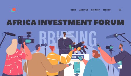 Illustration for Africa Investment Forum Landing Page Template. Black Man Speaker Speaking to Audience during Briefing or Press Conference with Journalists holding Microphones and Cameras. Cartoon Vector Illustration - Royalty Free Image