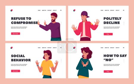 Illustration for People Refuse Landing Page Template Set. Characters Show Refusal Gestures with Open Hand Palm Expressing Negative Emotions, Communication, Disagree Feelings Gesturing. Cartoon Vector Illustration - Royalty Free Image