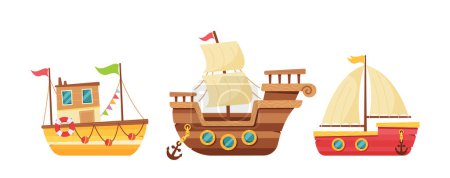 Téléchargez les illustrations : Cartoon Ships in Cute Childish Style. Brigantine, Longboat et voilier ou yacht isolé sur fond blanc. Modes drôles de transport par eau, navires modernes et anciens. Illustration vectorielle - en licence libre de droit