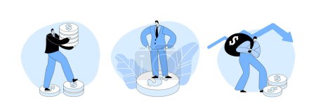 Illustration for Set Financial Risk, Money Problem and Economy Crisis Concept. Blindfold Business Man Walk with Coins Stack, Show Empty Pockets, Escape with Money Sack from Investment Fail. Cartoon Vector Illustration - Royalty Free Image