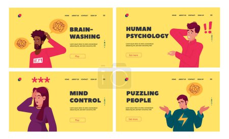Illustration for Puzzled People Landing Page Template Set. Doubtful Characters with Exclamation and Question Marks Thinking, Searching Information, Forgot Password. Mental Research Concept. Cartoon Vector Illustration - Royalty Free Image