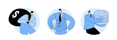 Illustration for Financial Risk Isolated Round Icons or Avatars. Business Man with Money Problem during Economy Crisis. Blindfold Character Carry Coins and Money Sack, Show Empty Pockets. Cartoon Vector Illustration - Royalty Free Image