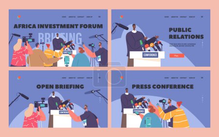 Illustration for Briefing Landing Page Template Set. Black Man Speaking to Audience during Press Conference, Journalists with Microphones and Cameras Listen to African Male on Tribune. Cartoon Vector Illustration - Royalty Free Image