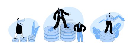 Illustration for Set Financial Risk and Economy Crisis Concept. Blindfold Businesspeople Rising Up by Coin Stacks with Decline Arrow Diagram. Investment Fail, Money Problem. Cartoon People Vector Illustration - Royalty Free Image