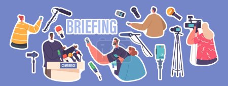 Illustration for Set of Stickers Press Conference, Briefing. Black Man Speaker, Audience, Journalists or Press Media Workers with Microphones or Cameras, Male Character on Tribune. Cartoon Vector Illustration, Patches - Royalty Free Image
