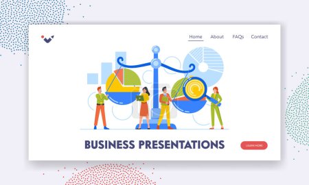 Illustration for Business Presentation Landing Page Template. Characters Compare Tools For Companies Benchmarking, Improvement and Progress. Tiny People at Huge Scales With Charts. Cartoon People Vector Illustration - Royalty Free Image