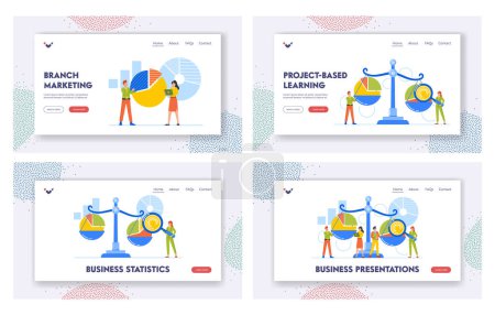 Illustration for Benchmarking Landing Page Template Set. Business Characters Compare Tools For Companies, Improvement and Progress. Tiny People at Huge Scales With Charts. Cartoon People Vector Illustration - Royalty Free Image