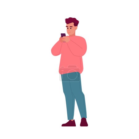 Ilustración de Hombre joven con teléfono móvil, personaje masculino que se comunica en las redes sociales, viendo video o leyendo noticias, charlando aislado sobre fondo blanco. Dibujos animados Gente Vector Ilustración - Imagen libre de derechos