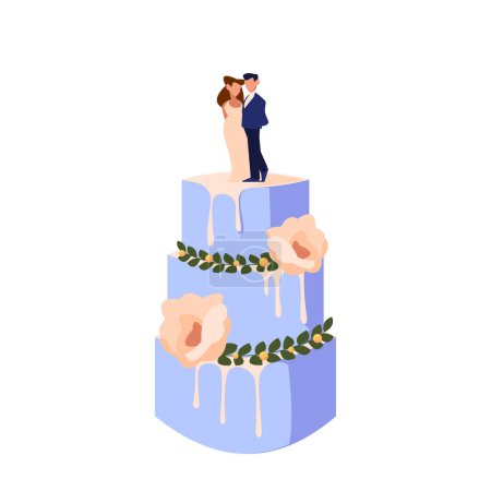 Illustration for Cartoon Wedding Cake, Luxury Dessert with Festive Decor and Bride and Groom Figures on Top. Sweet Confectionery Production, Pastry, Bakery or Patisserie for Marriage Ceremony. Vector Illustration - Royalty Free Image