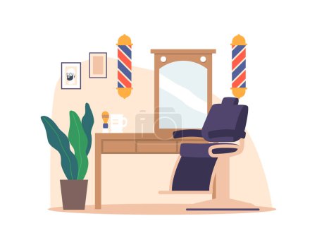 Illustration for Barber Shop Interior, Men Salon with Chair, Desk, Mirror and Poles. Male Barbershop Beauty Parlor in Trendy Hipster Style. Haircut Master Working Place. Cartoon Vector Illustration - Royalty Free Image