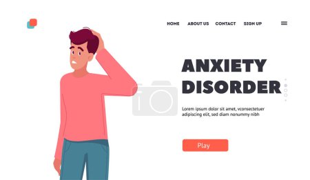 Illustration for Anxiety Disorder Landing Page Template. Thoughtful Male Character Think, Search Solution, Solve Difficult Task, Develop Idea. Man Scratching Head Thinking on Question. Cartoon Vector Illustration - Royalty Free Image
