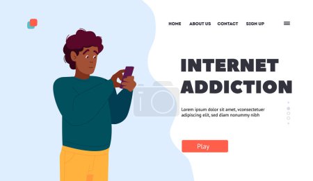 Illustration for Internet Addiction Landing Page Template. Black Man with Mobile Phone. Cheerful Male Character Scroll Through Messages on Smartphone, Network Connection Concept. Cartoon Vector Illustration - Royalty Free Image
