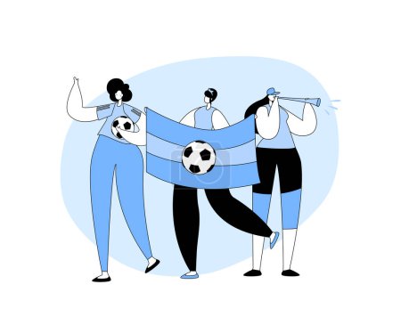 Illustration for Women Football Fans Wear T-shirts Holding Banner Cheering for Goal. Girls Supporters Cheering Watching Match at Stadium. Excited Female Character on Sport Championship. Cartoon Vector Illustration - Royalty Free Image