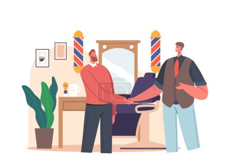 Illustration for Satisfied Client Shaking Hand to Barber Master in Barbershop Interior with Furniture, Poles and Mirror. Men Beauty Services Concept, Male Care and Fashion. Cartoon People Vector Illustration - Royalty Free Image