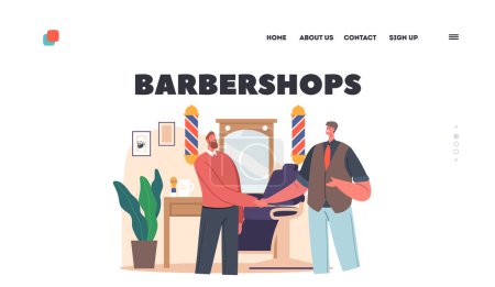Illustration for Barbershops Landing Page Template. Satisfied Client Shaking Hand to Barber Master in Parlor with Desk and Mirror. Men Beauty Services Concept, Male Care and Fashion. Cartoon People Vector Illustration - Royalty Free Image