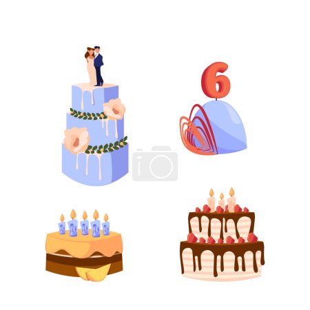 Illustration for Set of Festive Birthday Cakes with Candles and Decoration. Wedding and Holiday Bakery for Marriage Party or Anniversary Celebration. Isolated Sweets and Pastry Desserts. Cartoon Vector Illustration - Royalty Free Image