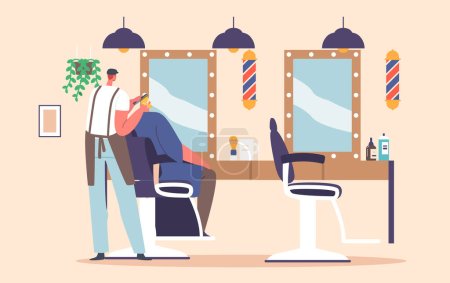 Illustration for Men Beauty Salon, Barbershop. Bearded Male Character Sitting on Chair in Barber Shop with Hairdresser Cutting and Trimming Client Hair and Beard. Cartoon People Vector Illustration - Royalty Free Image