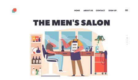 Illustration for Men Salon Landing Page Template. Barbershop Services Concept with Barber Offer to Client Mustaches Style Showing Samples in Palette. Hairdresser Master and Customer. Cartoon eople Vector Illustration - Royalty Free Image