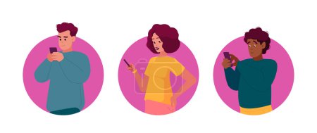 Illustration for People With Phones Isolated Round Icons or Avatars. Male And Female Characters Communicate Via Smartphones. Young Men And Women Holding Mobiles Chatting, Talking. Cartoon Vector Illustration - Royalty Free Image